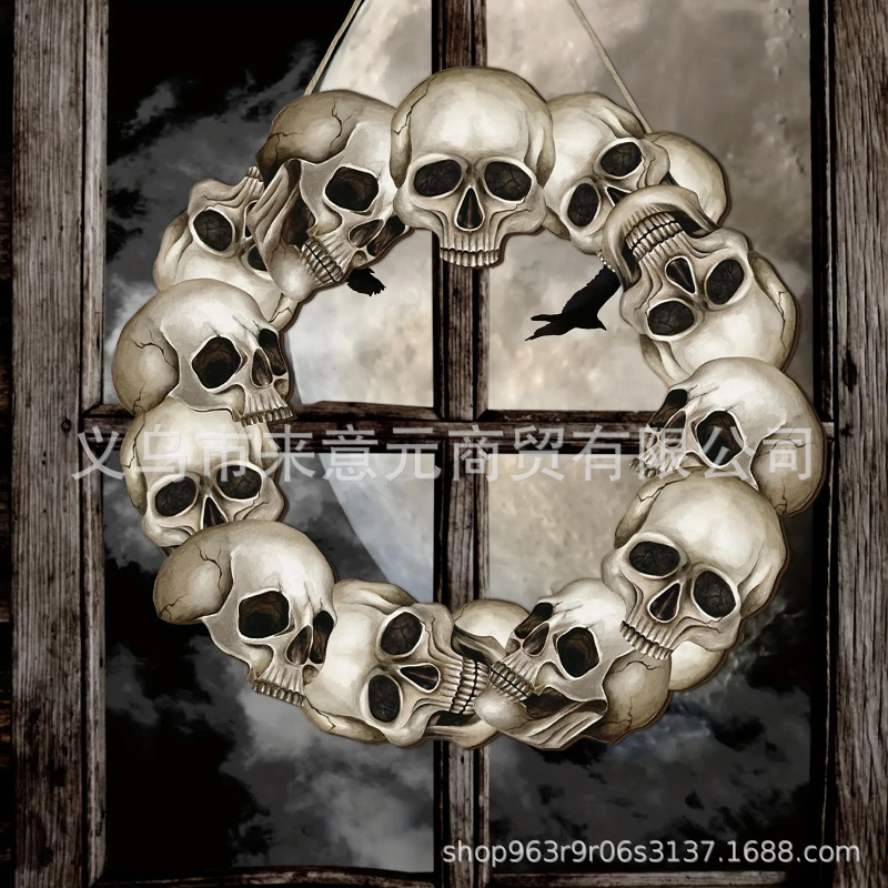 Vintage Skull Wreath Wooden Door Hanger Dark Style Halloween Skull Circle Front Door Entrance Horror Decoration Hanging Sign Vintage Skull Wreath Wooden Door Hanger Dark Style Halloween Skull Circle Front Door Entrance Horror Decoration Hanging Sign