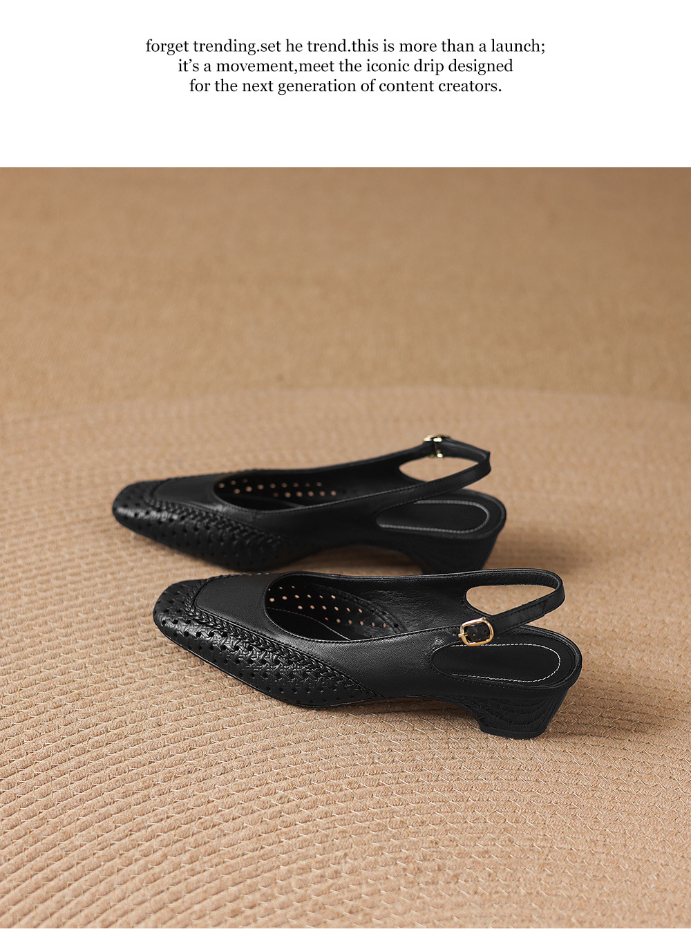 Sandal nữ gót thấp 3.5cm da cừu dệt mũi vuông kiểu Pháp quai một dây — đen chi tiết 18