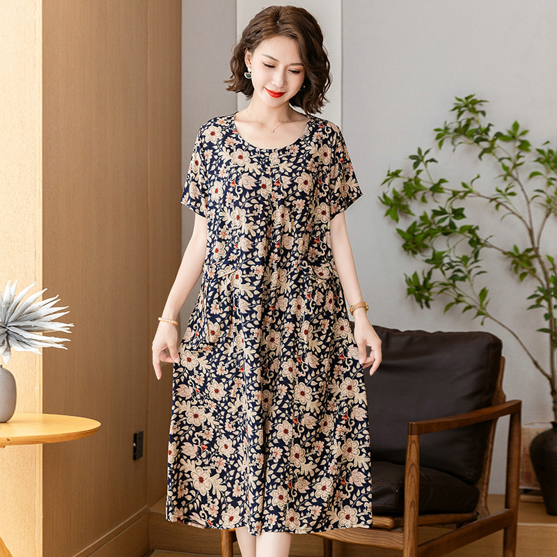 胖妈妈装夏装棉绸连衣裙加肥加大码女装中老年人夏季洋气宽松裙子|undefined