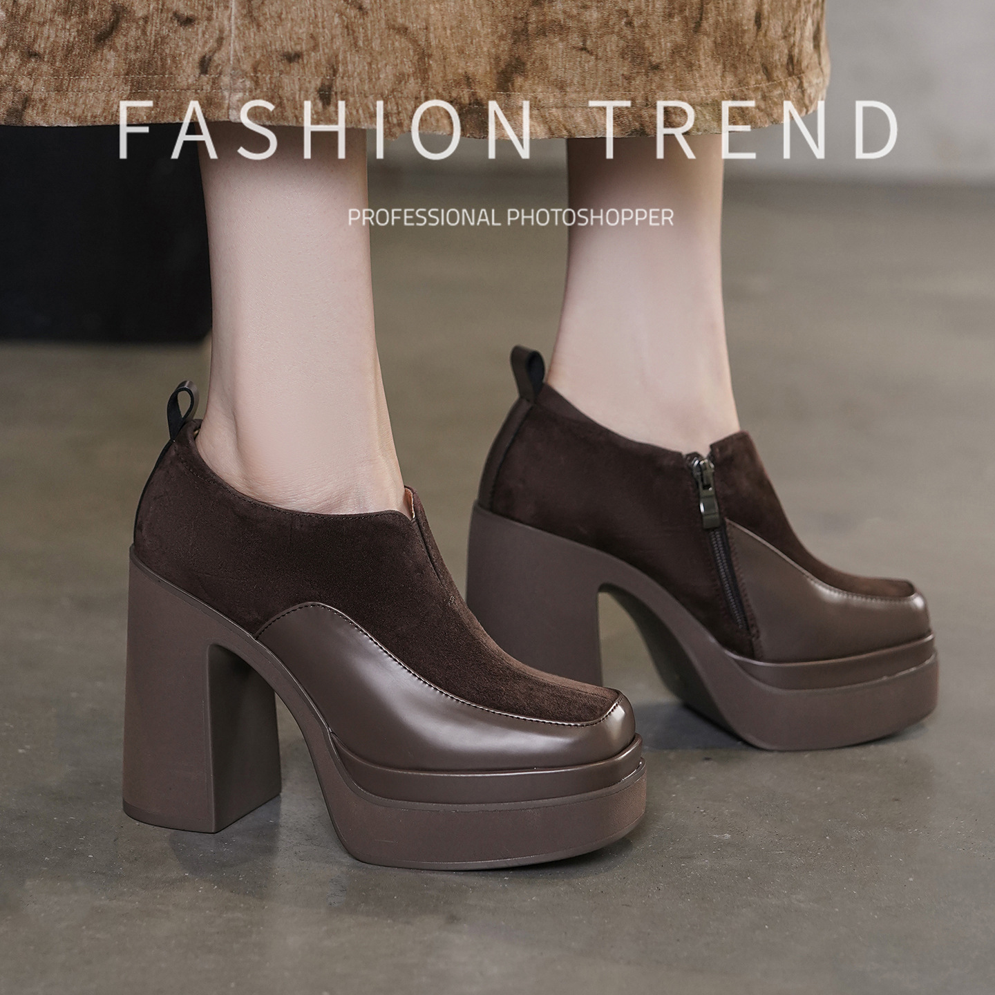 Giày cao gót nữ mũi vuông đế xuồng platform gót vuông 9 cm, phối màu tương phản, form dáng loafer — màu nâu, màu đen