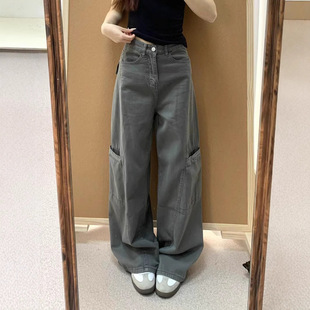 Grey Denim Overalls Women's Spring and Autumn 2025 New American Retro High Waist Loose Straight Slimming Wide Leg Pants
