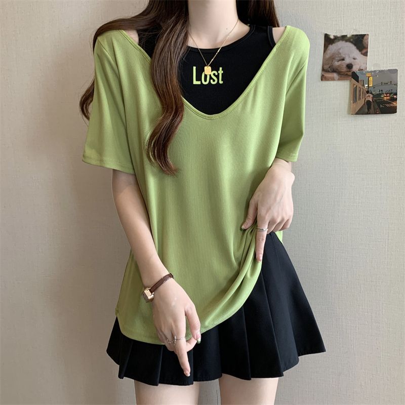 Tallas grandes para mujer que cubre el vientre impreso hombro manga corta camiseta hueca hermana gorda de las mujeres que adelgaza suelta falso top de dos piezas image 3