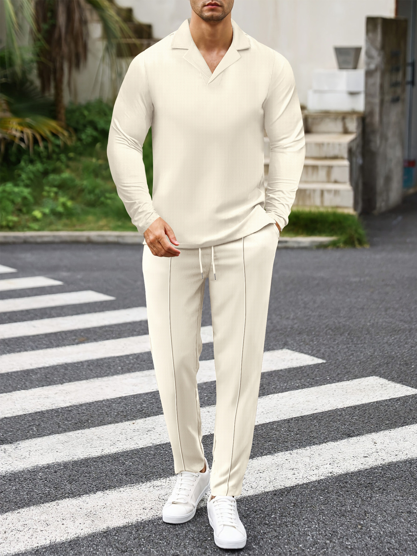 Herren Waffelstrick Business Anzug Set Mit Kragen Und Bindung_voghion.com