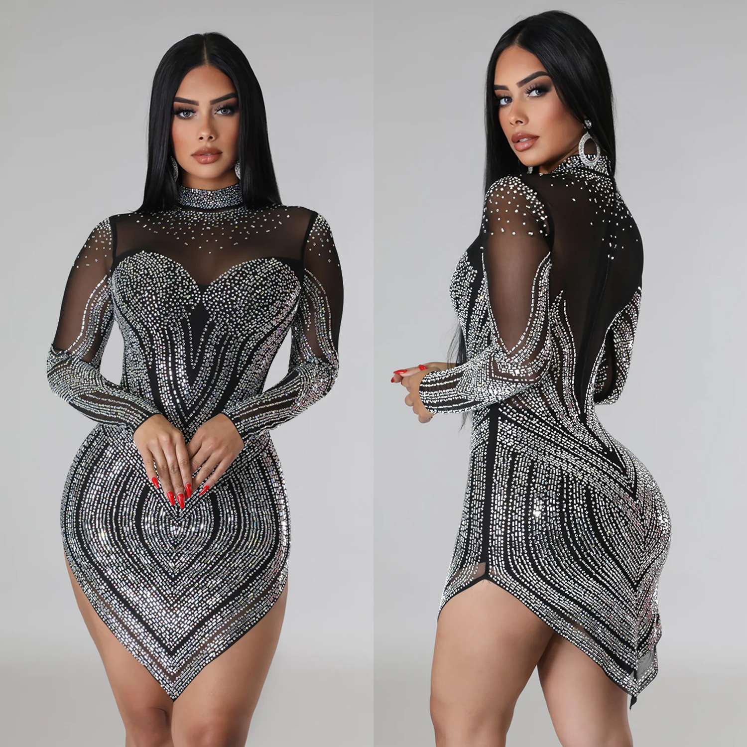 C6371 transfronterizo AliExpress Amazon moda europea y americana de las mujeres de color sólido de malla de perforación en caliente de manga larga vestido de falda corta image 3