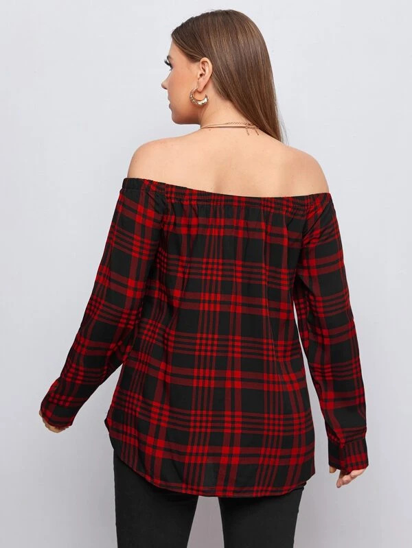 plaid off-shoulder plus size shirt NSCX51995