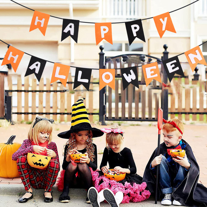 Halloween Non-Woven Fabric Flags, Ghost Festival Themed Party Horror Decoration Supplies, Background Garlands, Scary Pumpkin Bunting