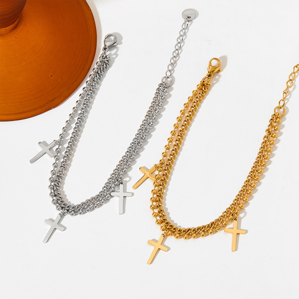 Fashion Cross Stainless Steel Titanium Steel Layered Plating Bracelets Necklace