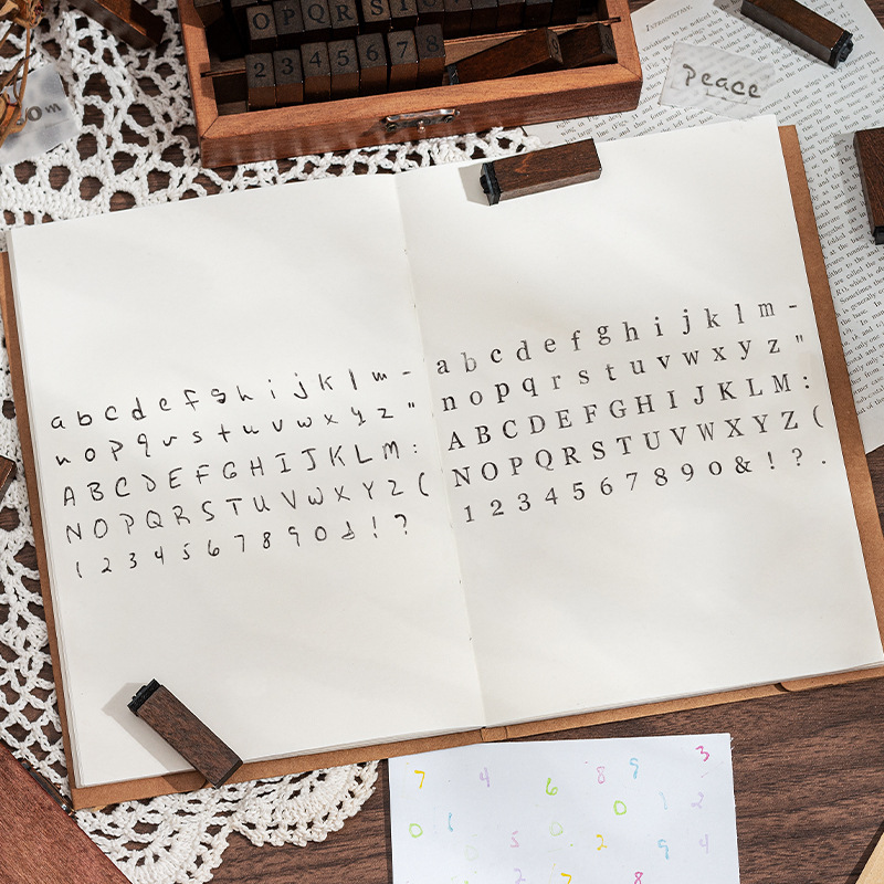 70 retro alfanuméricos caja de madera sello caja caja de letras mayúsculas y minúsculas cuerpo de hierba verdadero sello de libro de mano transfronterizo