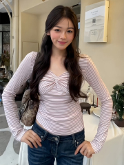 美式辣妹v领撞色条纹长袖t恤女秋季新款设计感扭结打底衫收腰上衣