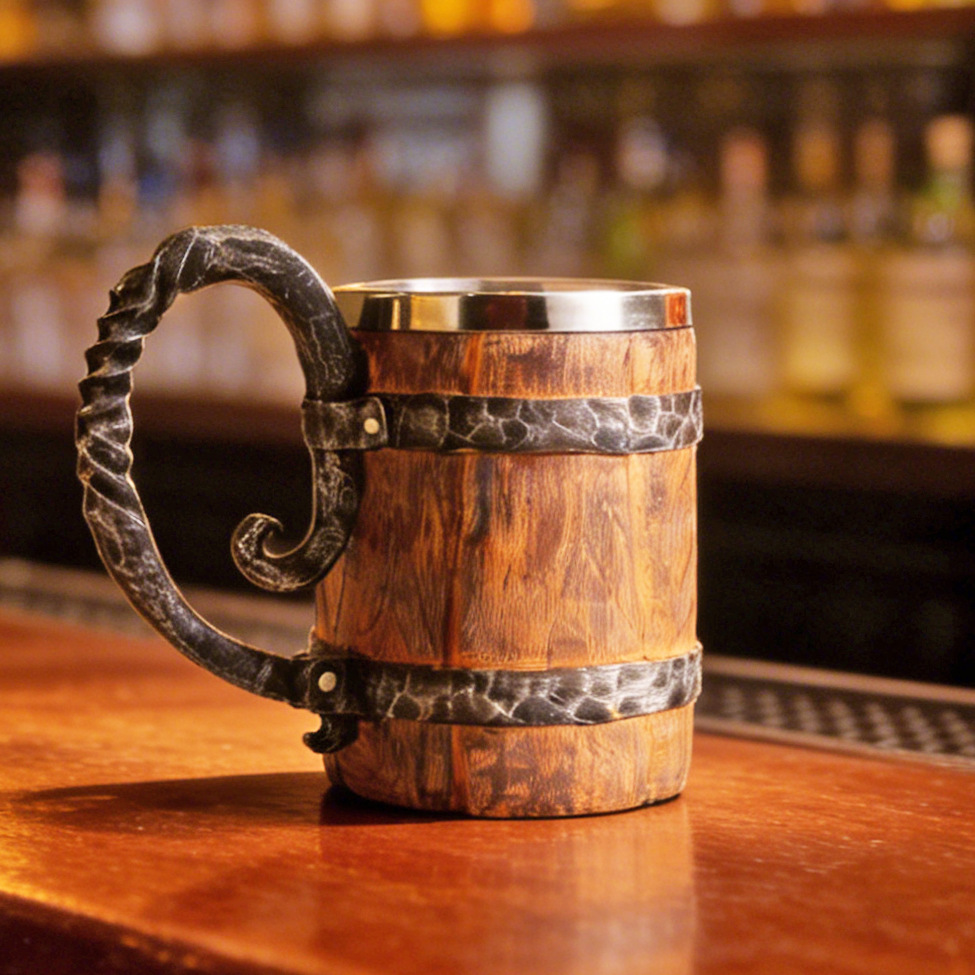 Cross-Border Household 304 Stainless Steel Inner Cup Mug, Imitation Wooden Barrel Bar Cafe Decoration Resin Ornament