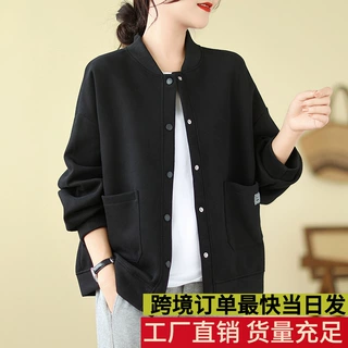 实拍2026秋季休闲棒球服女圆领宽松显瘦简约纯色韩版卫衣外套