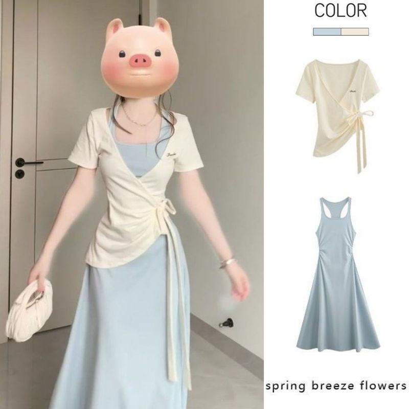 挂脖吊带连衣裙子女夏季新款收腰长裙显瘦交叉绑带刺绣上衣两件套|undefined