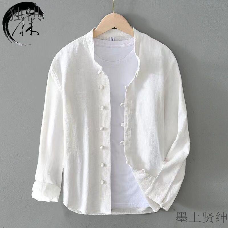 Chinese Style plus size Cotton and Linen Casual Long-sleeved Shirt with Buckle for Men Retro National Fashion Ramie Collar Loose Linen Shirt