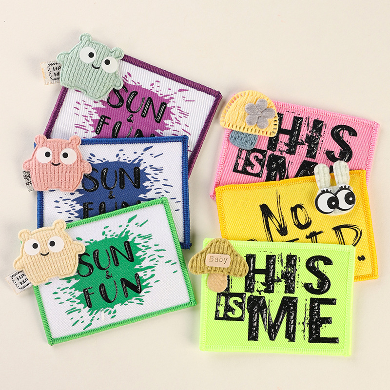 新款立体矩形印刷锁边字母卡通布贴组合标 服装包包搭配装饰辅料