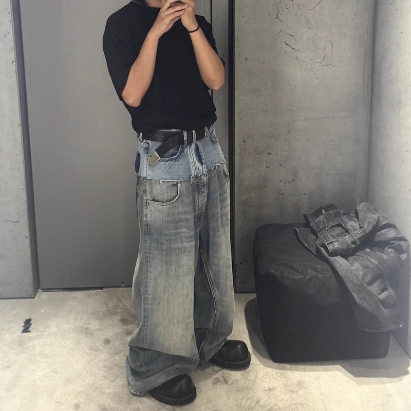 High-Quality Bmc Show Style Cut-Up Double-Layer Double-Waist Splicing Washed Distressed Wide-Leg Baggy Jeans Trendy Brand