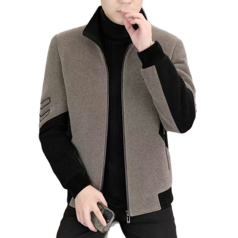 Men's Stand-Collar Jacket for Autumn and Winter, Fleece-Lined and Thickened, Chenille Casual Color-Block Embroidered Jacket for Young and Middle-Aged Men