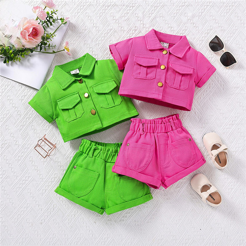 Children's casual clothes  summer new stylish girls' short-sleeved top + short-sleeved two-piece set one-piece drop shipping