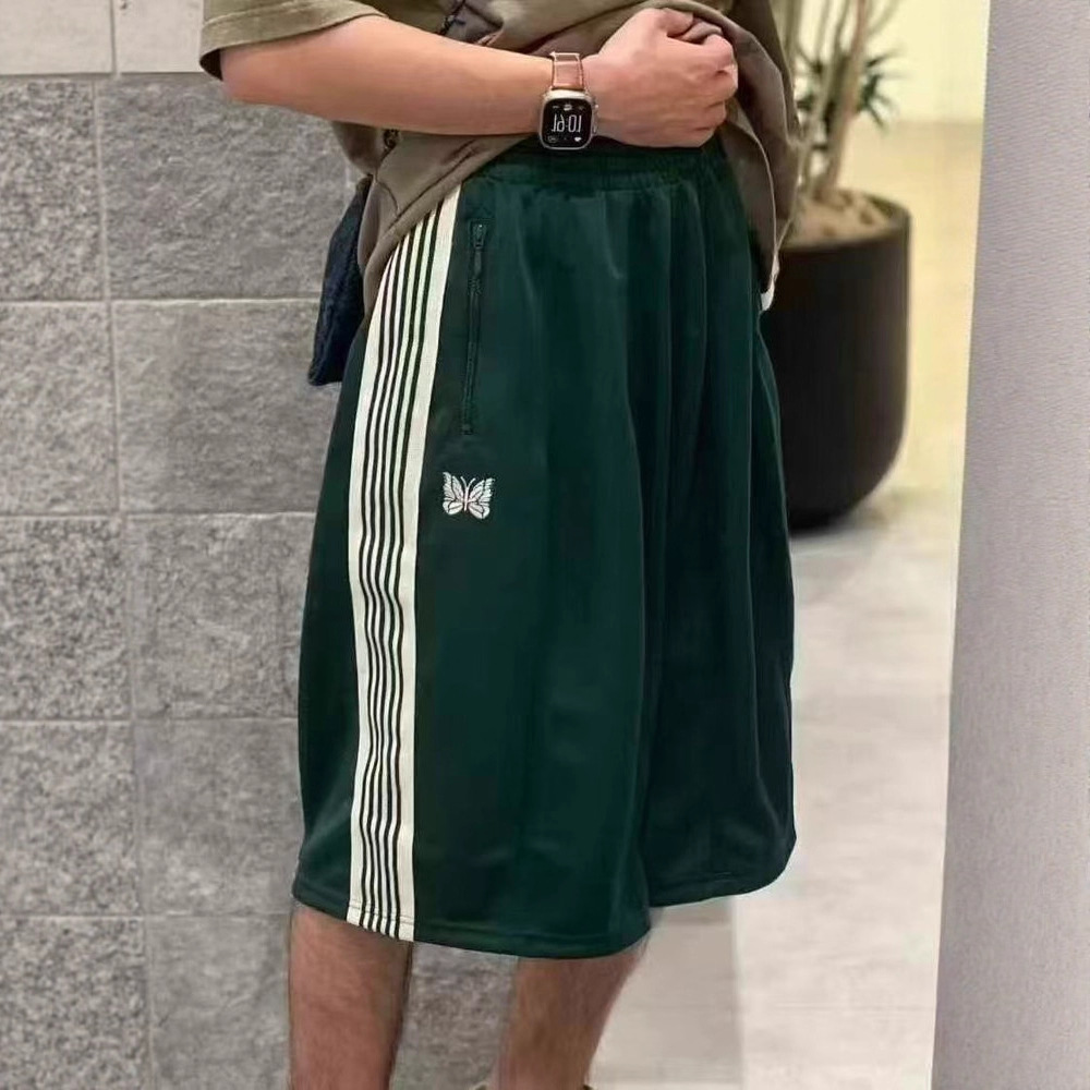 Needles Track Butterfly Embroidery Trendy Three-Quarter Length Loose Sports Striped Wide-Leg Shorts for Men