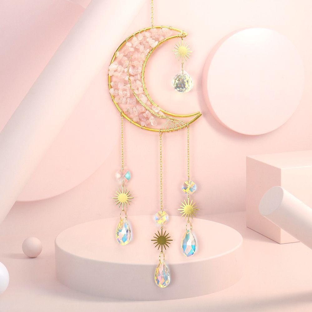 Hecho a mano bobinado natural cristal grava vida árbol Luna Sol catcher adornos campanas de viento colgante decorativo T02