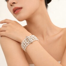 时尚OL锆钻珍珠手链 优雅闪钻多层宽版女手镯 淘宝热款手链批发