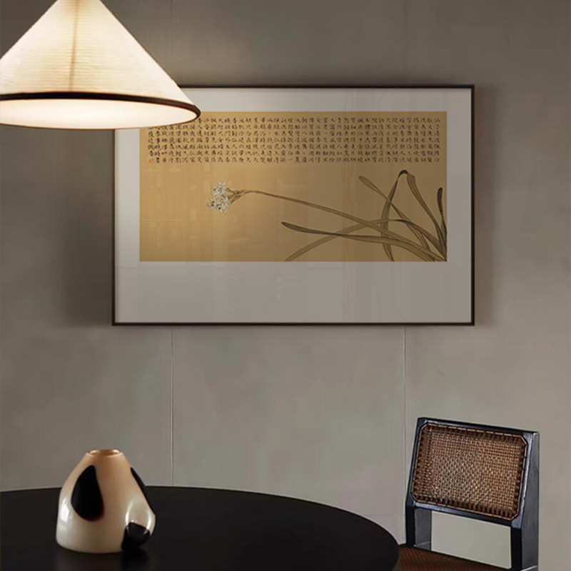 New Chinese-Style Entrance Cabinet with Paintings of Flowers and Plants, Zen Restaurant Murals, Log-Style Restaurant Tea Room Horizontal Wall Paintings