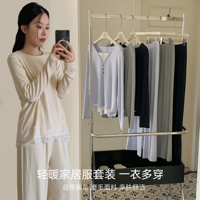 Du Xiaozhai Striped Half-Velvet Loungewear Autumn and Winter Eyelash Lace Loose Wide-Leg Skin-Friendly Soft Pajamas That Can Be Worn Outside