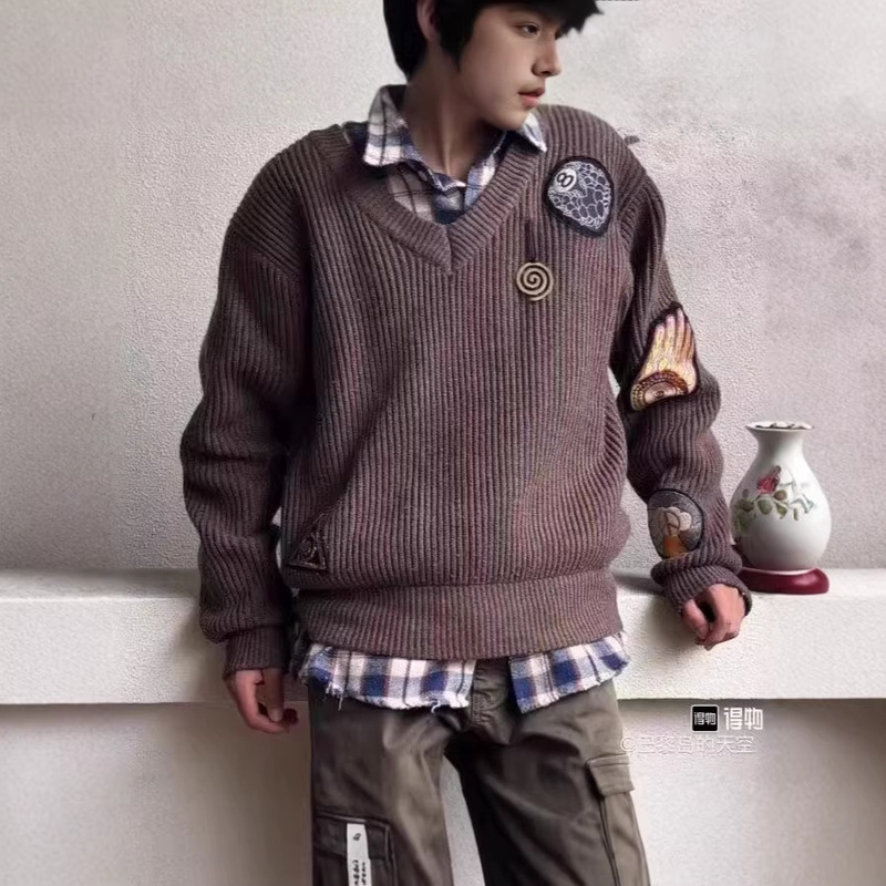 Cross-Border Trendy Brand Stu Stussy Fw25 Autumn and Winter New Model Eye of Light Multi-Thread Embroidery V-Neck Thick Sweater for Couples