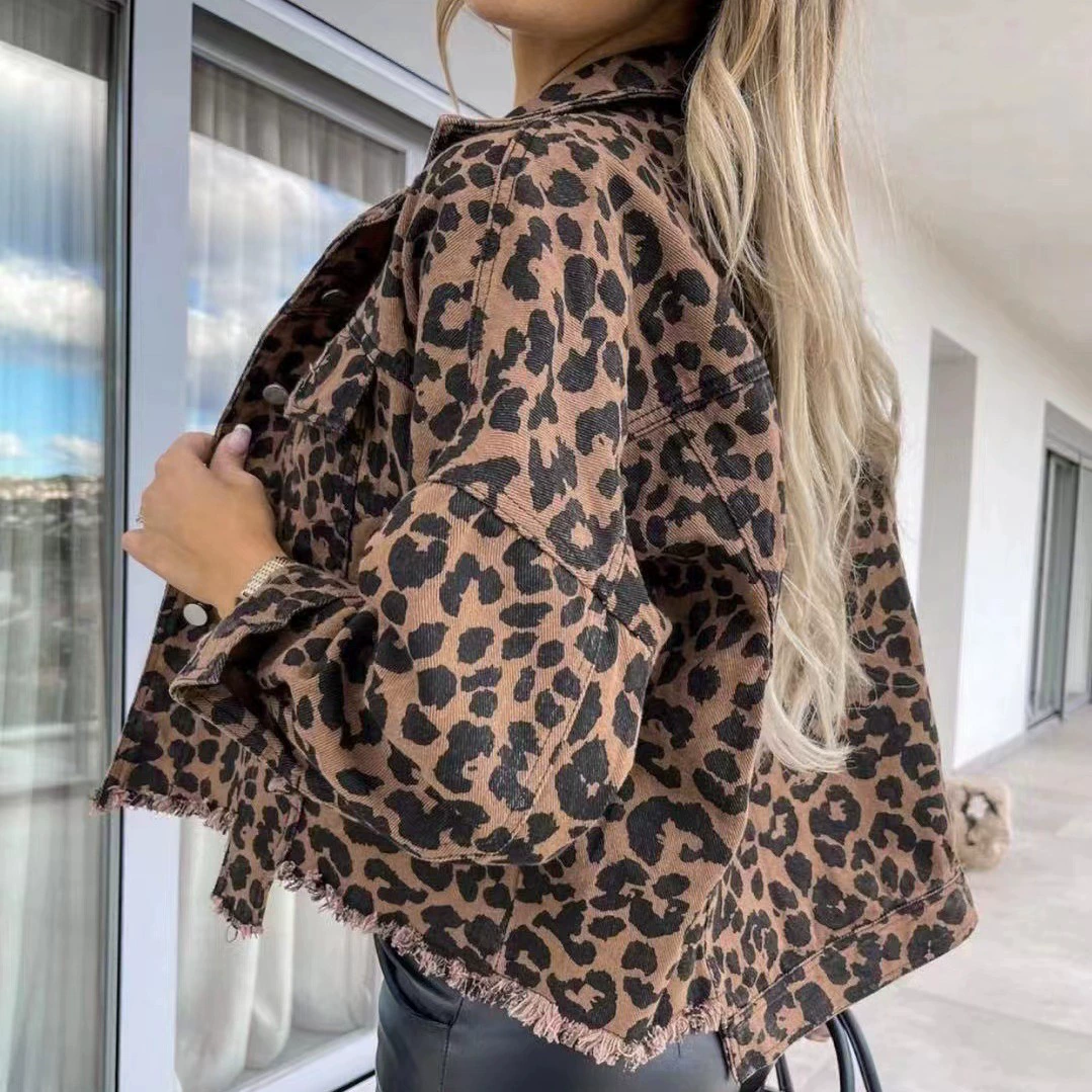Женская джинсовая куртка oversize, леопардовый принт, европейский стиль, короткий рукав (осень)