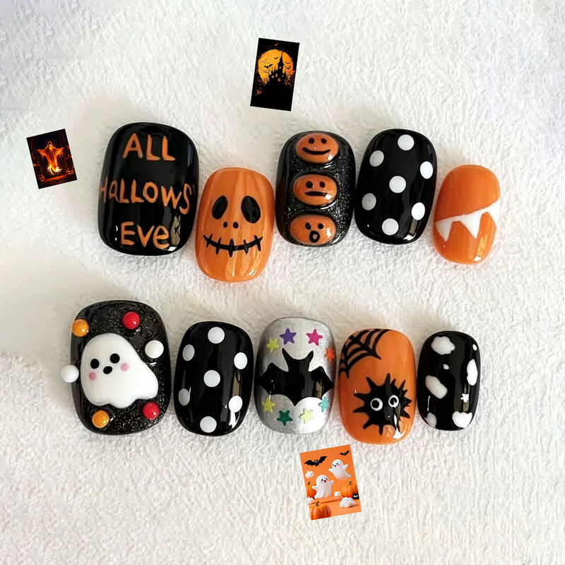 European and American cross-border Halloween ghost pumpkin short press-on nails, sweet and cool style, fine glitter, ice-clear cat-eye nail patches wholesale European and American cross-border Halloween ghost pumpkin short press-on nails, sweet and cool style, fine glitter, ice-clear cat-eye nail patches wholesale