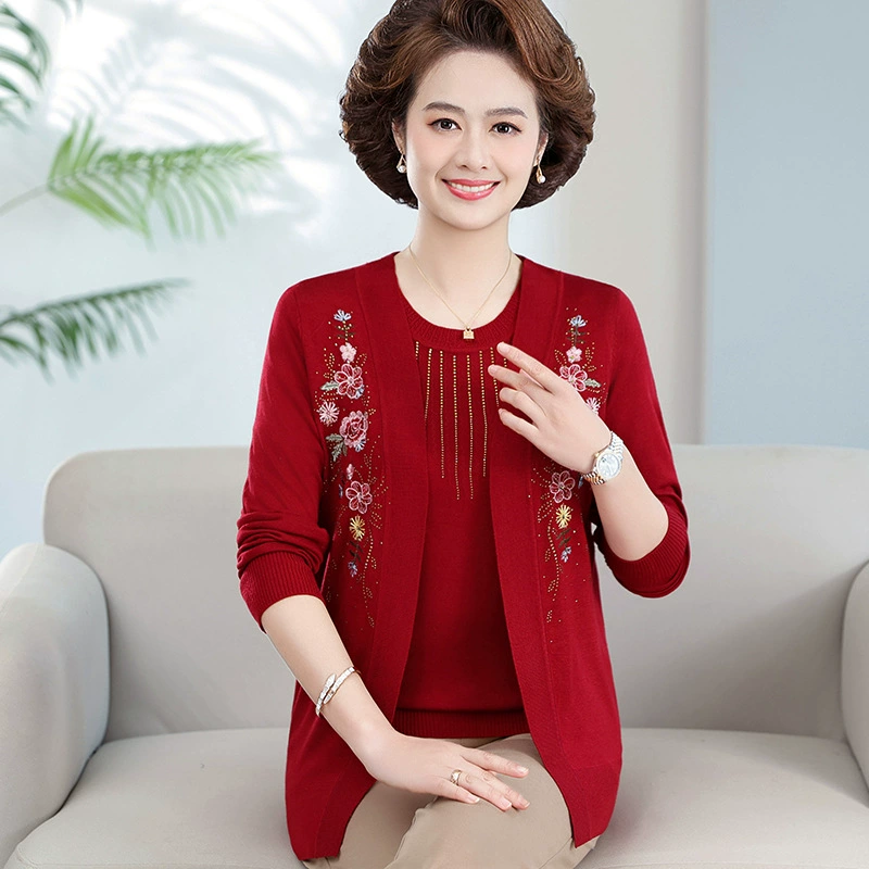 Мама среднего возраста, весна и осень, новый топ из двух частей, Женский вязаный кардиган ранней весны, среднего и пожилого возраста, тонкий летний верхний костюм в западном стиле