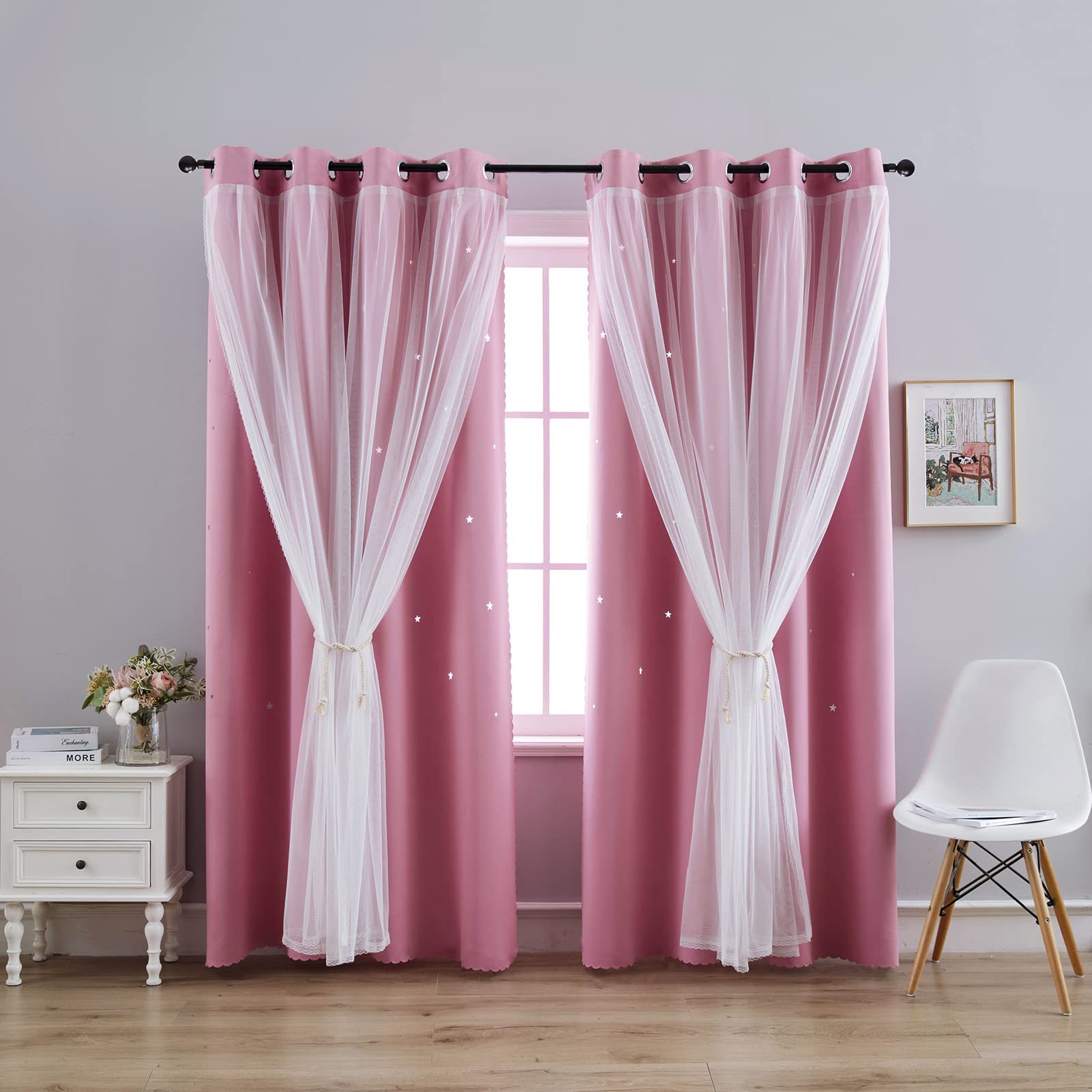 double layer curtains hollow star blackout rod punching short curtains_voghion.com