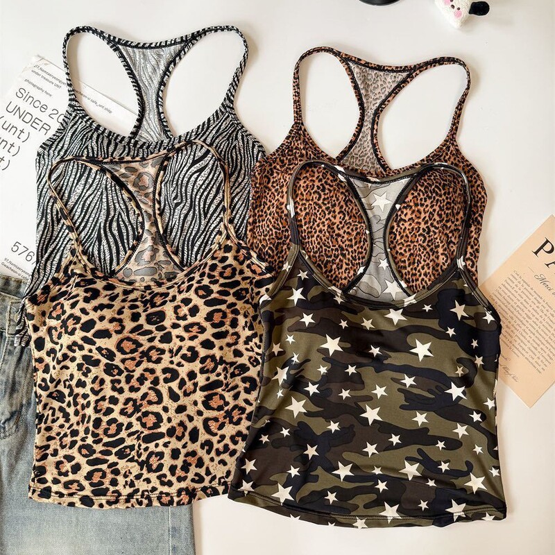 Summer Ice Silk American Hot Girl Leopard Print Racer Vest for Women with Breast Pads, Beautiful Back Suspenders, Slim Fit Pure Desire Sleeveless Top
