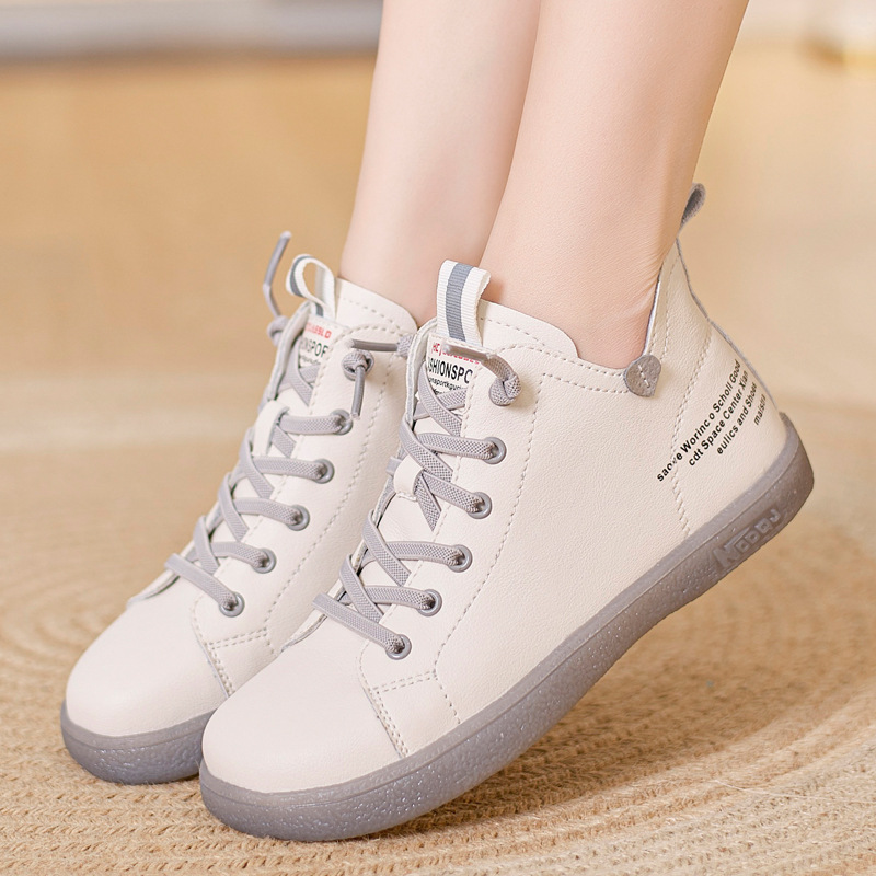 Women's 2024 autumn and winter New cowhide elastic band flat Sports Board shoes casual single-layer shoes mid-top white shoes women's fashion