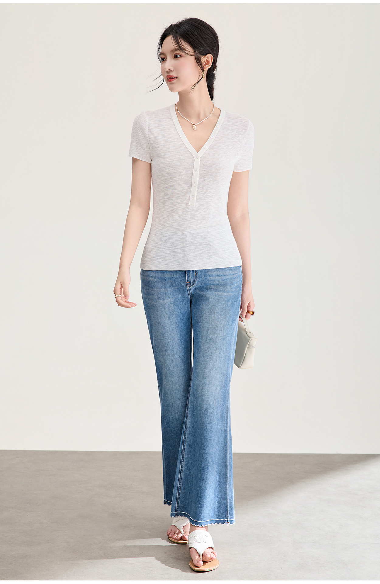 Quần jean nữ ống loe cạp cao co giãn bốn chiều vải cotton siêu mẫu — xanh lam chi tiết 7