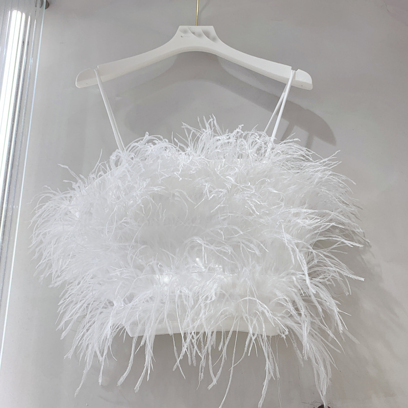 Light Luxury Sling Feather Tassel Fluffy Sexy Strapless Slim Vest Women's Outer Wear Top Spice Girl Style C3#8340