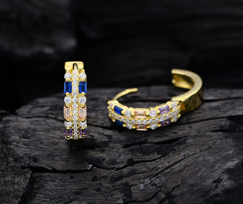 Fashion Color Block Sterling Silver Inlaid Zircon Hoop Earrings 1 Pair