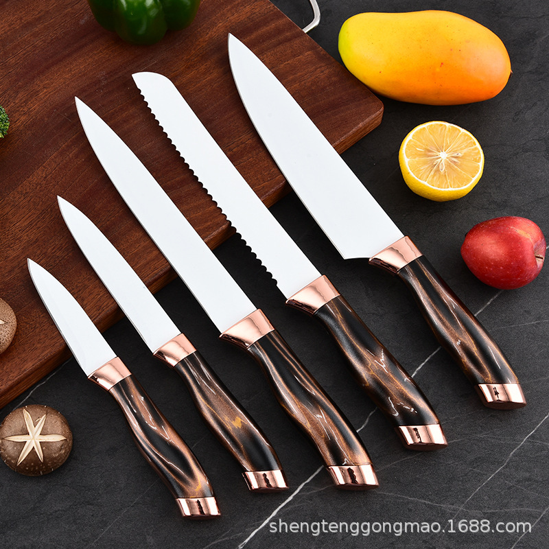 Utensilios de cocina Juego de seis piezas Cabezal de galvanoplastia doble Mango cubierto Cubo redondo Asiento oblicuo Cuchillo de cocina multifuncional Cuchillo de chef Cuchillo de pan Utensilios de cocina