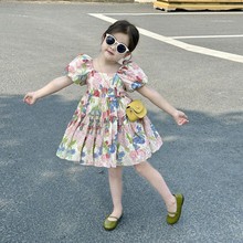 韩国童装女童连衣裙2024夏季新款洋气泡泡袖公主裙度假风碎花裙子