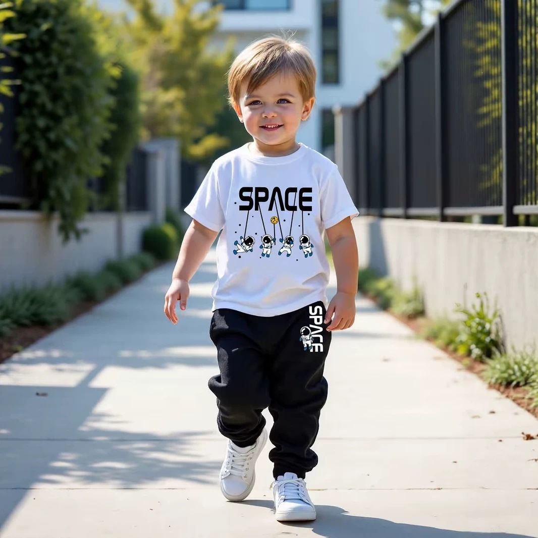 Amazon Summer Boys' Cartoon Print Short-Sleeve T-Shirt + Long Pants Two-Piece Set, Casual Summer Clothing for Toddlers and Young Children