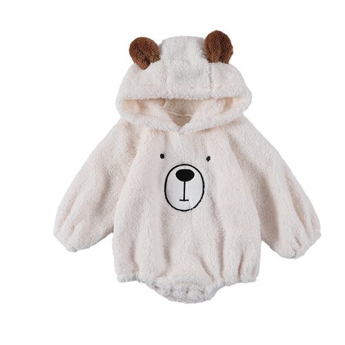  Autumn/Winter New Cute Bear Baby Toddler Onesie Triangular Hooded Sweat Suit with Double Fleece Warmth Climbing Suit