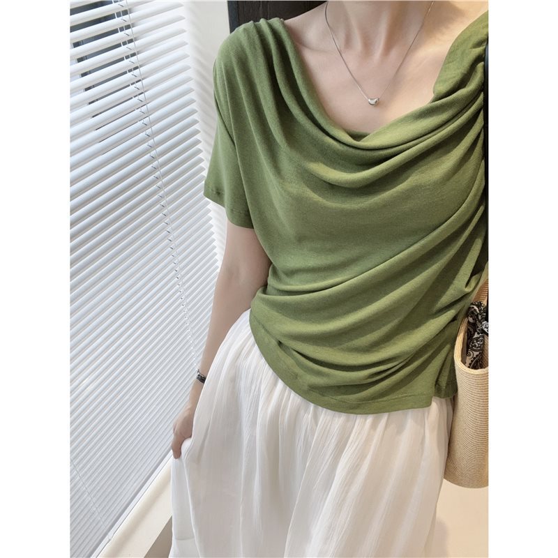 French-Style Niche Silk Satin Draped Collar T-Shirt! Ultra-Thin Tencel Wool Short-Sleeve Design with a Slimming Waist-Cinching Effect, Women's Top