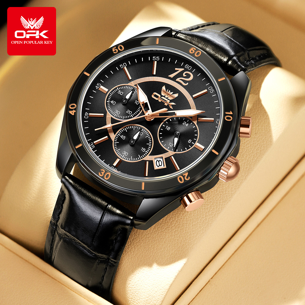 Opk Brand Watch with Leather Strap, Multifunctional Single Calendar Men's Watch, Luminous Waterproof Quartz Watch, Men's Watch Wholesale