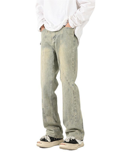 American-style street-washed distressed patchwork jeans for men, spring and autumn straight-leg loose European and American high-street vibe long pants