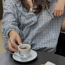 现货 韩国设计师ged荷静格纹连帽衬衫复古韩系女装学院风宽松衬衣