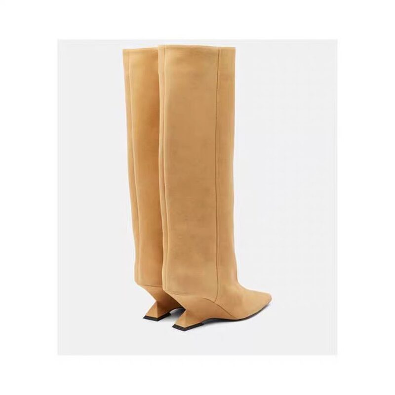 European and American Foreign Trade Style Wedge Heel Height-Increasing Slimming Wide-Calf Knee-High Boots for Women, 2026 New Model, Non-Slip French-Style Brown Long Boots