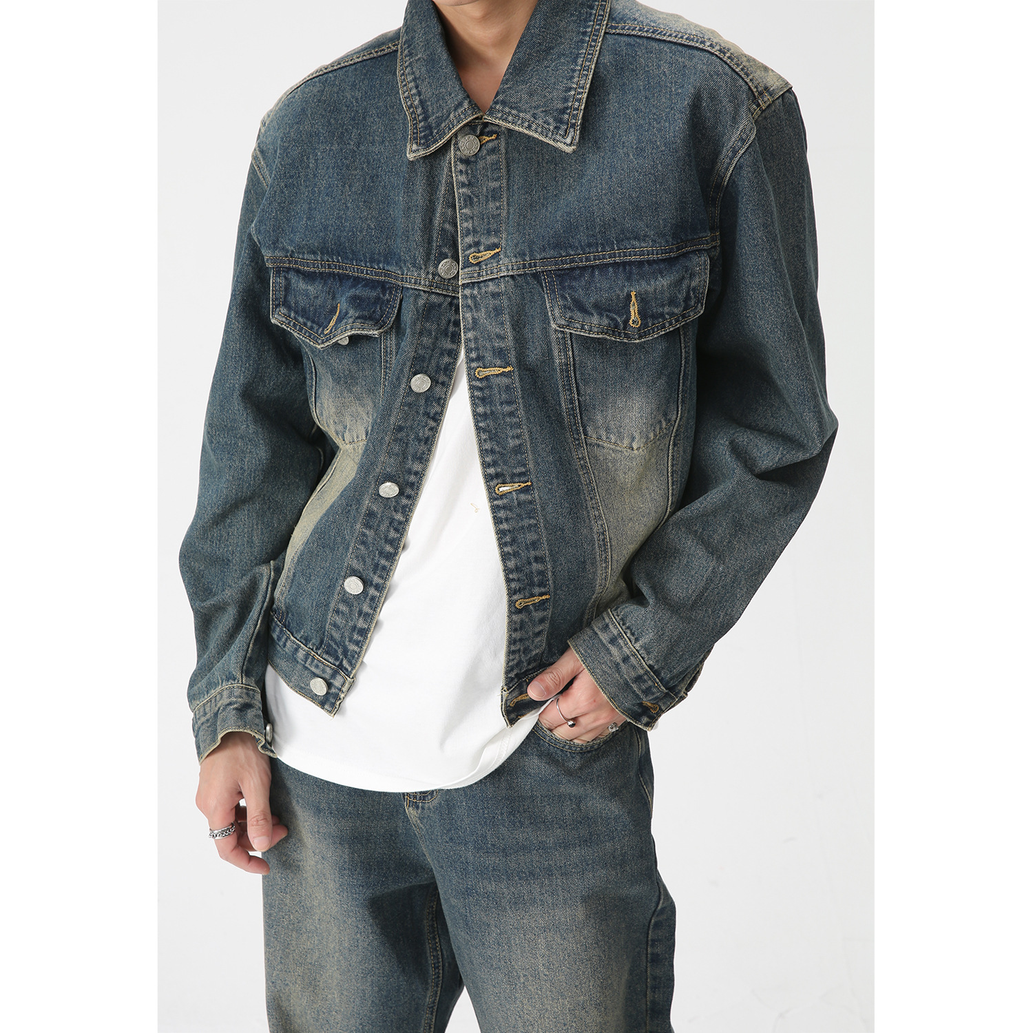 Mtlclothes ropa de los hombres | 2023 primavera nueva casual Denim pantalones chaqueta traje retro coreano