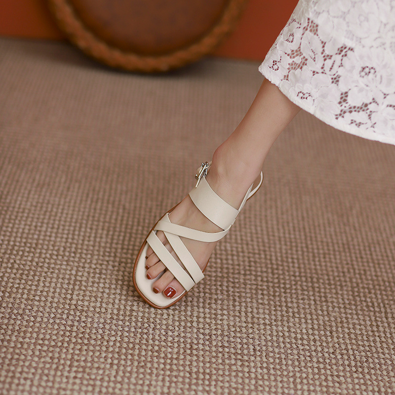 Sandal nữ quai ngang mảnh hở mũi đế bệt phong cách La Mã — Màu be chi tiết 16