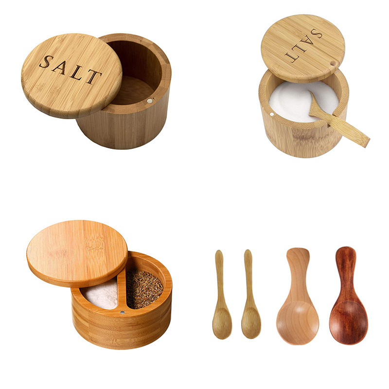 Tarro de sal de bambú transfronterizo suministros de cocina Tarro de condimento de bambú con cuchara Caja de condimento de bambú en stock Estante de especias