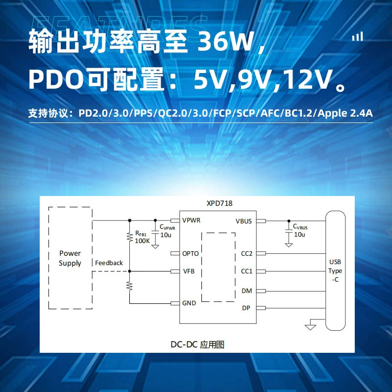 Контроллер многопротокольный XPD718 ESOP8 USB Type-C PD/PPS, чип протокола быстрой зарядки 36W