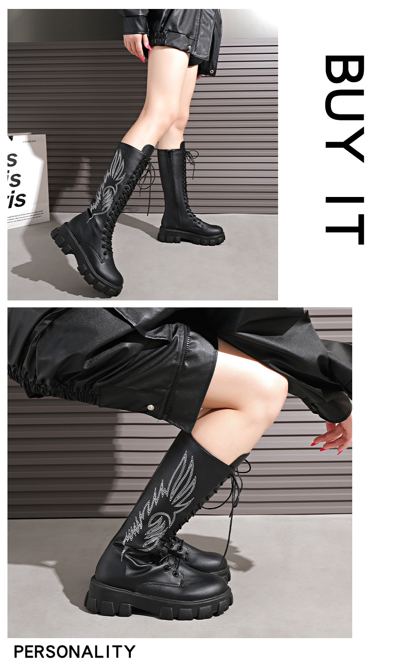 Women's Retro Knee High Cowboy Boots Plus Size Embroidered Shoes_voghion.com